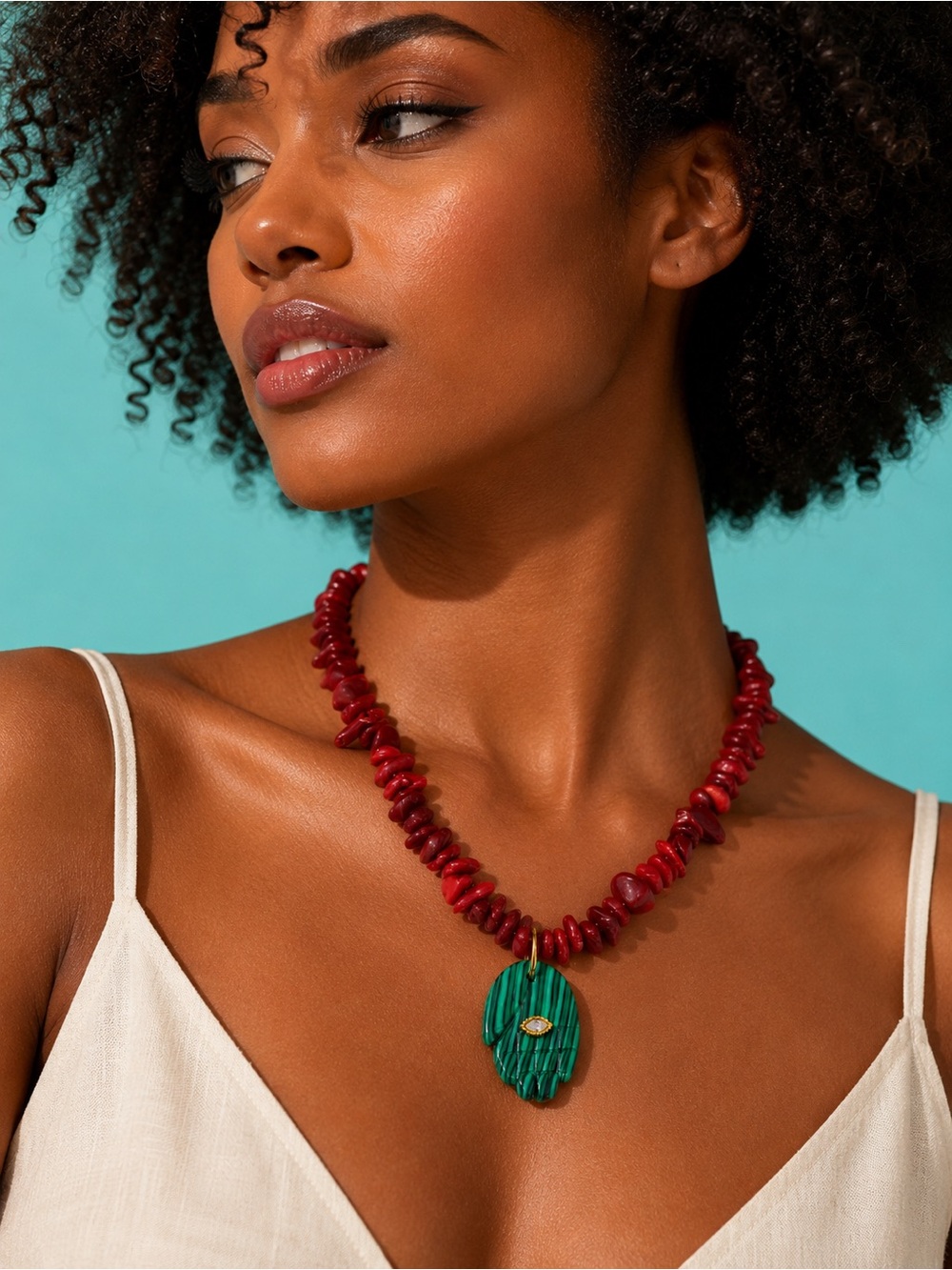 Artisan Red Coral Hamsa Green Malachite Pendant Necklace
